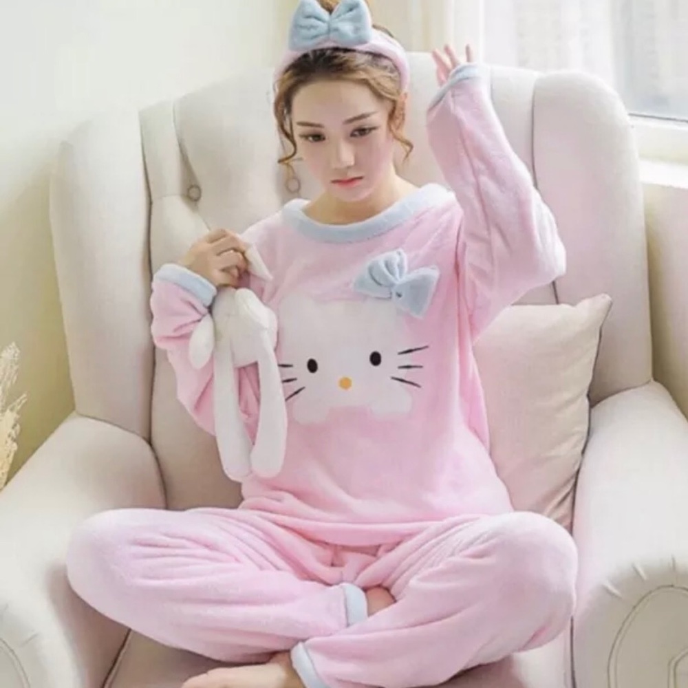 Hello kitty pajama set 3PCS womens pink blue cartoon bow soft plush